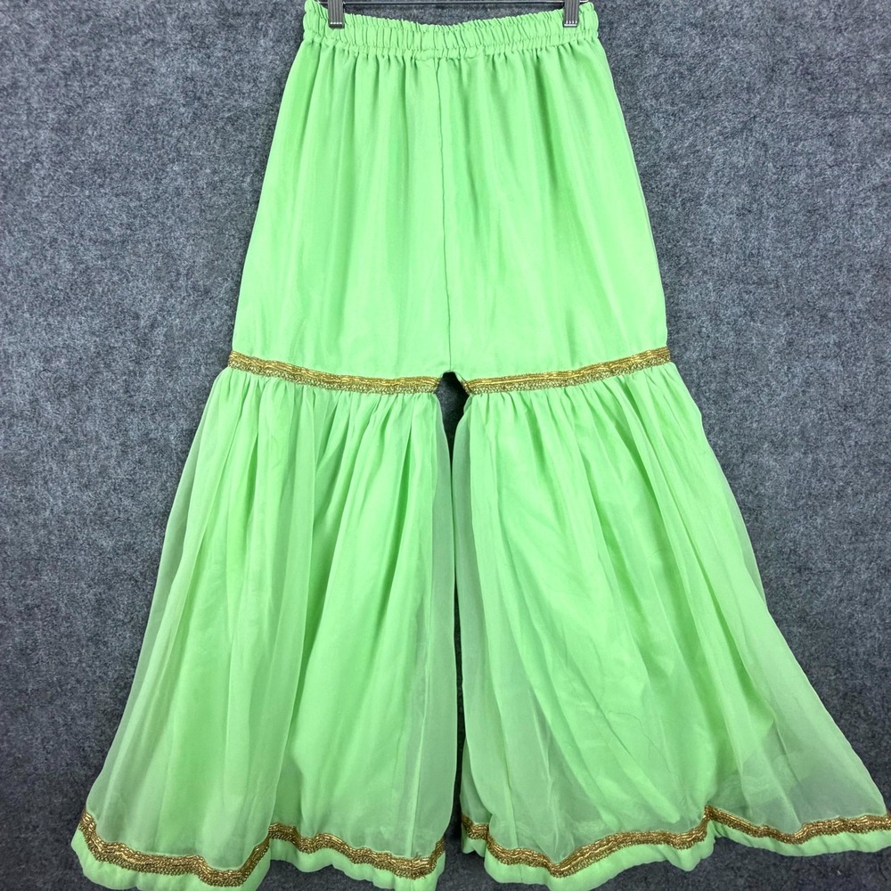 Women Chiffon Georgette Gharara Pants Light Green Gold Zari Trim Pull On Wedding
